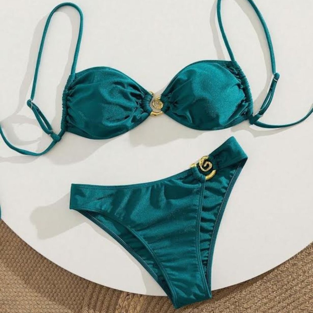 Brand new Never worn Without tags- SHEIN Teal Bikini With Gold Swirl Detail